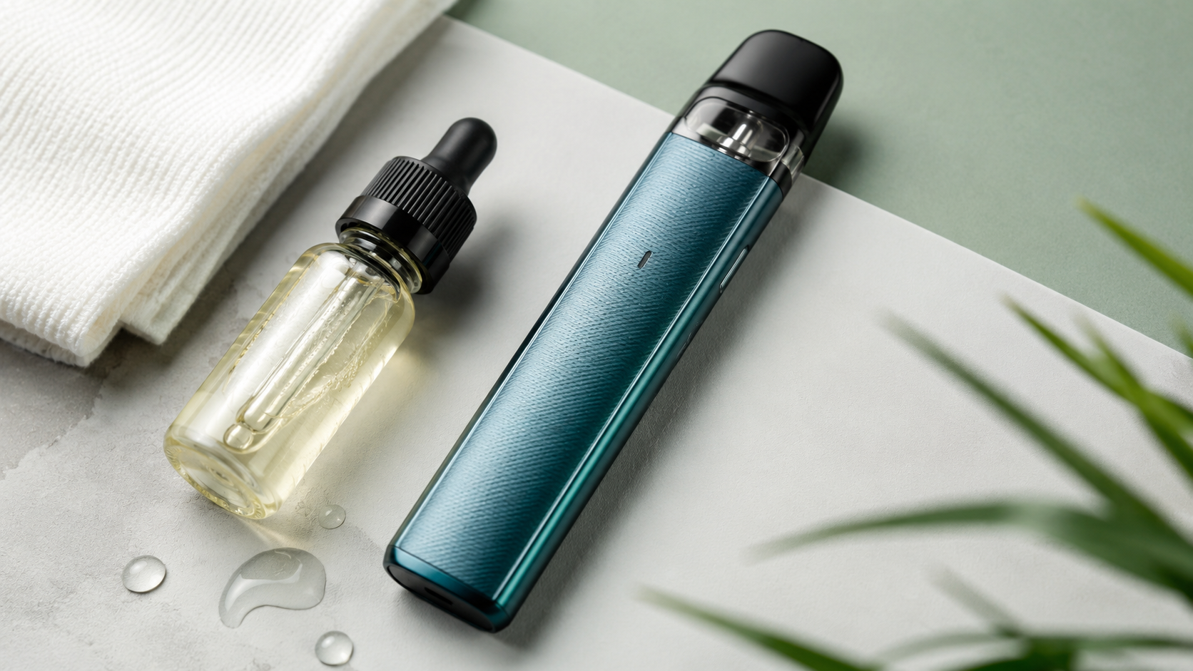 Vaporesso pod vape device beside e-liquid bottle, ready for refilling