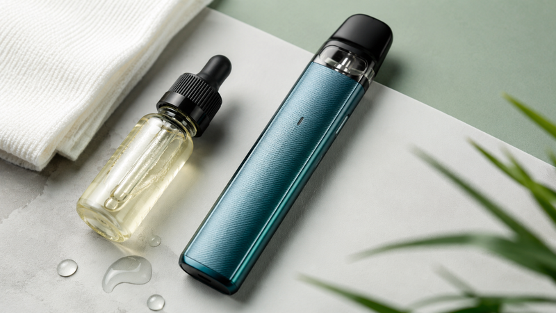 Vaporesso pod vape device beside e-liquid bottle, ready for refilling