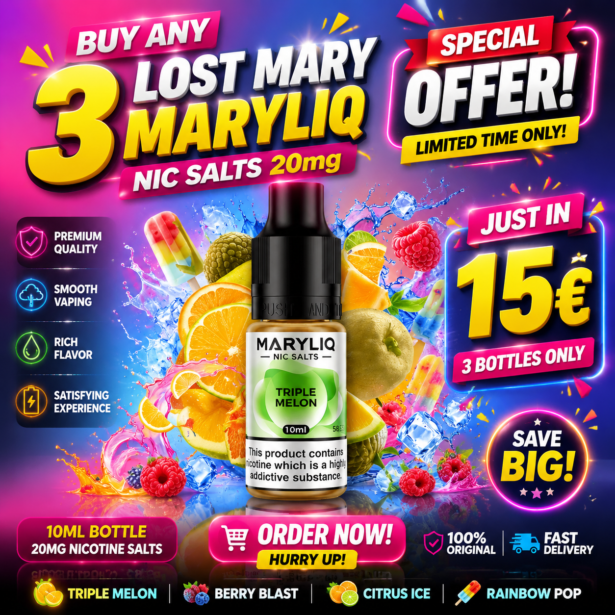 Buy any 3 Lost Mary MARYLIQ Nic Salts 20mg | Just in 15€